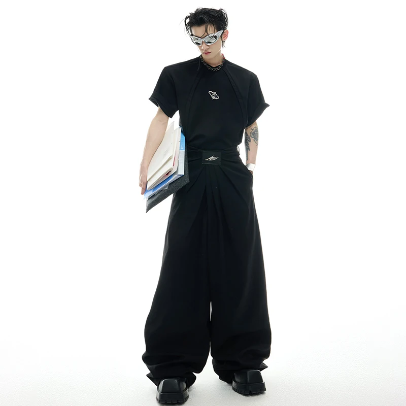 Luzhen 2025 novo personalizado plissado retalhos design solto perna larga calças casuais masculino elegante bonito calças de rua jy1383