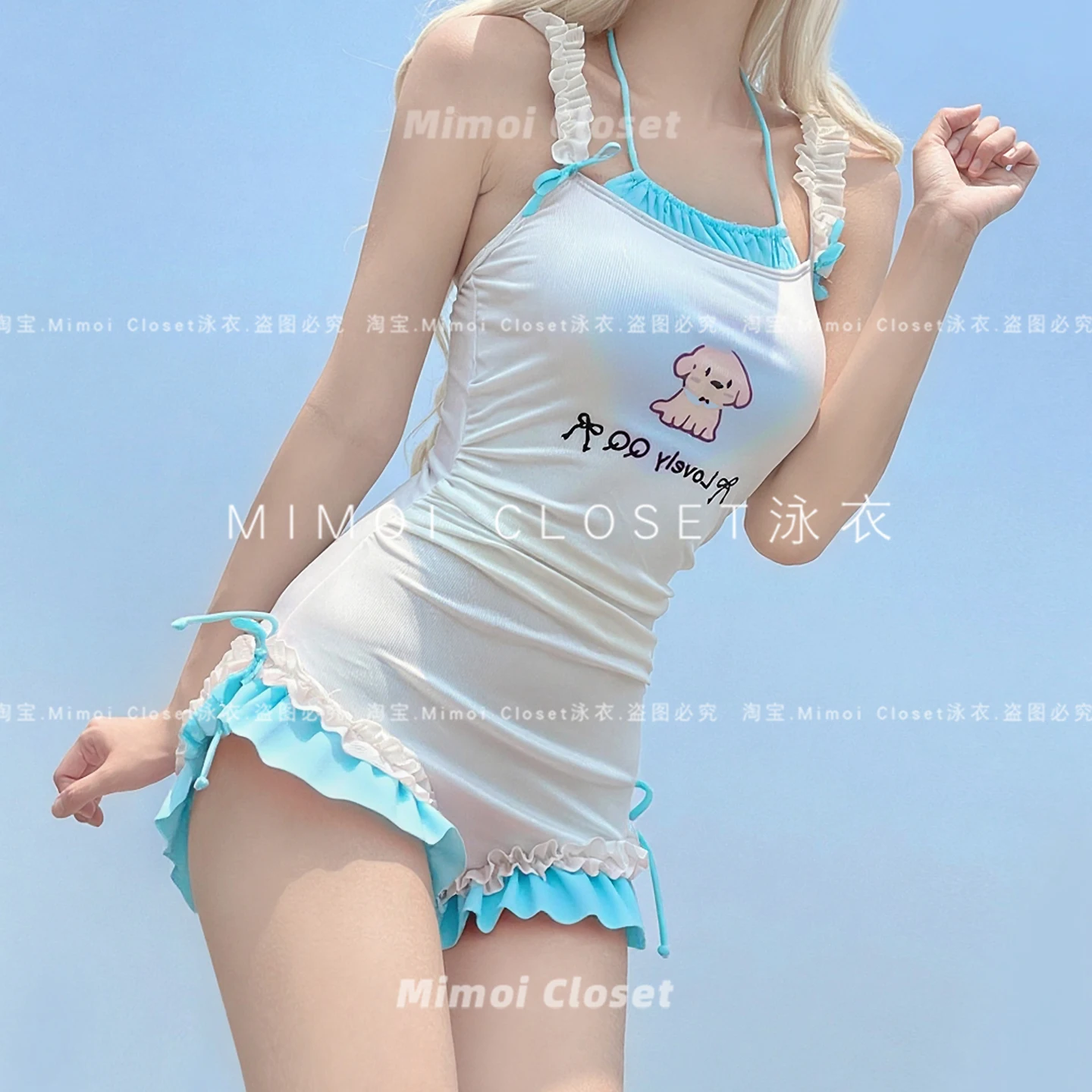 Summer New Blue and White Color Matching Sweet Girl Cute Japanese Suspender Swimsuit One-piece Swimsuit Women's Bathing Suit