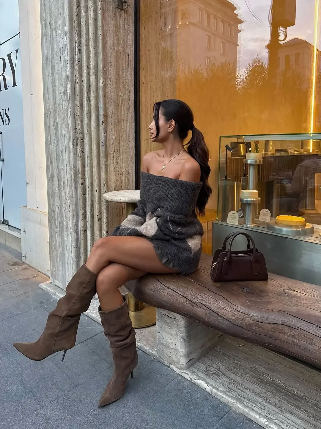 Mingmingxi винтажный сексуальный вязаный свитер с открытыми плечами для женщин, свободный свитер с длинными рукавами, повседневный пуловер Argyle, осень-зима