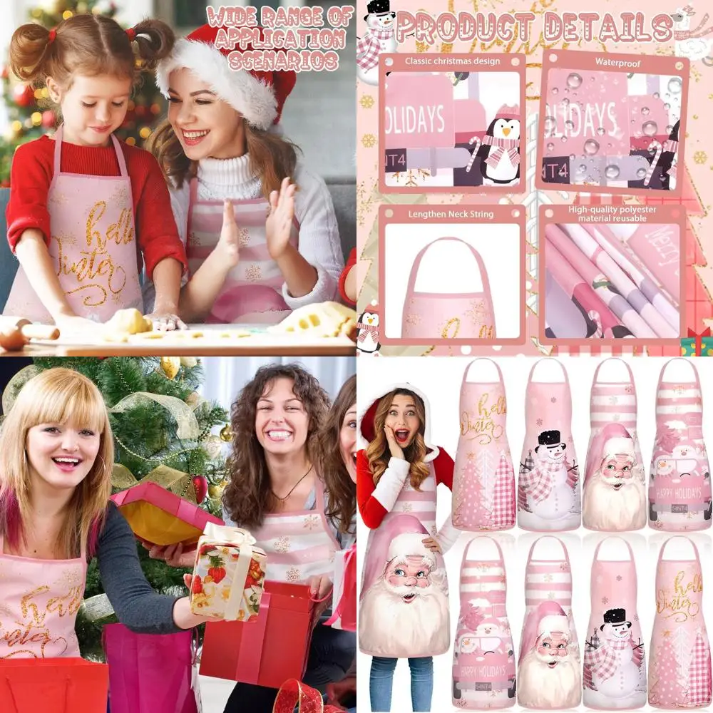 

Женские рождественские фартуки в розовую полоску с рисунком Санта-Клауса, снеговика и дерева, регулируемые для кухни и барбекю