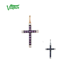 VISTOSO 14K 585 Rose White Gold Pendant For Women Sparkling Diamond Amethyst Sapphire Cross Style Classic Trendy Fine Jewelry