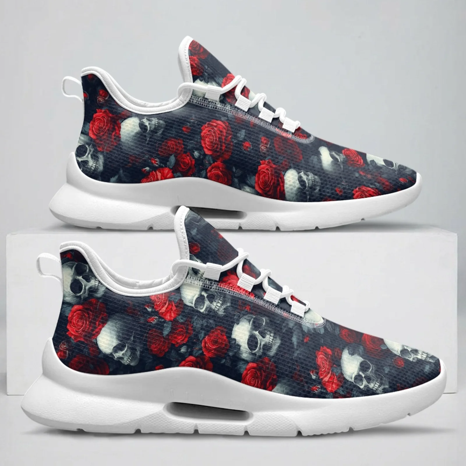 XIXIRIMIDO Lace-up Casual Shoes Mens Sneakers Comfortable Mesh Breathable Walking Shoes Women's Lightweight Sneaker Rose Skull