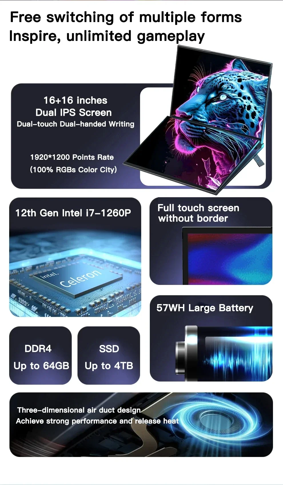 Laptop de tela dupla de 16 + 16 polegadas Intel i7-1360P Windows 11 2 * DDR4 MAX 64GB M.2 2280 2TB SSD WIFI