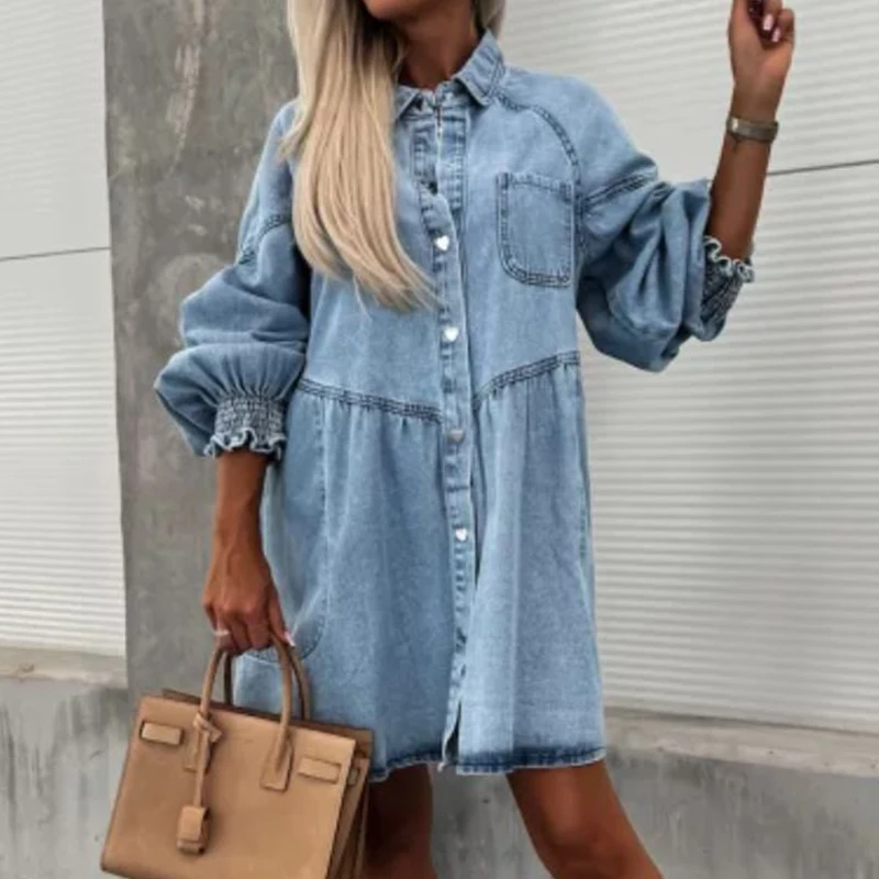 Fashion Lady Lapel High Waist Denim Dress Casual Long Sleeved Pocket Pleated Dress Autumn Retro Single Breasted Commuting Dress