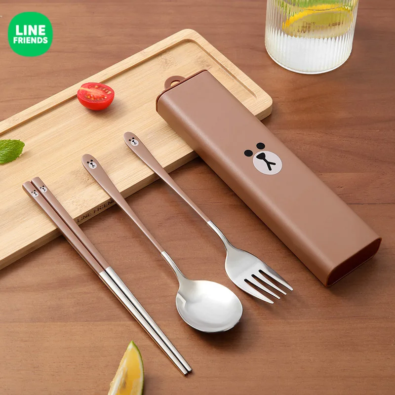 

LINE FRIENDS Anime Kawaii Brown Portable Chopsticks Spoon Three Piece Cony Cartoon Office Student Stainless Steel Storage Box