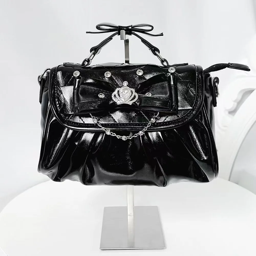 

Elegant Bow Handle Underarm Bag Pleated Design Rhinestone Handbag Portable Sweet Lolita Shoulder Bag for Women Ladies Girls