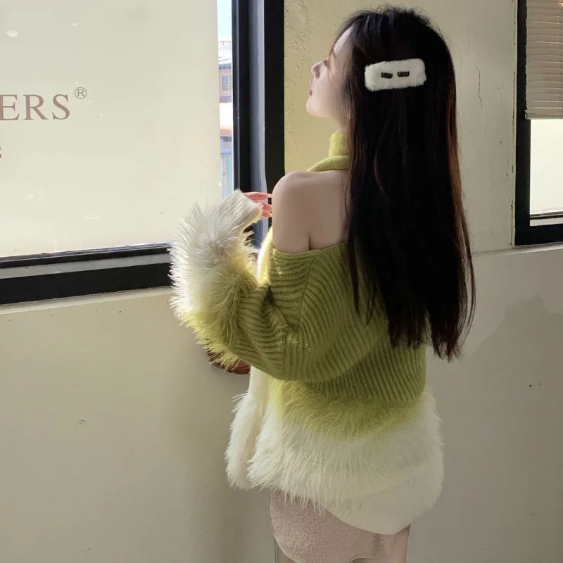 Gradientเซ็กซี่เสื้อกันหนาวผู้หญิงสวมใส่ด้านนอกฤดูใบไม้ร่วงฤดูหนาว 2025 ใหม่VคอMink Velvet Thickeหวานนุ่มWaxy Mao Maoเสื้อถักเสื้อ