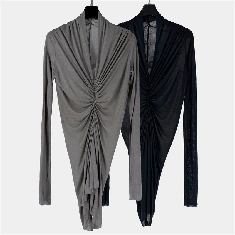 

Women's t-shirt 2026 summer new pleated slim fit women's long sleeved top Elastic knitted V-neck pullover women's corset tops