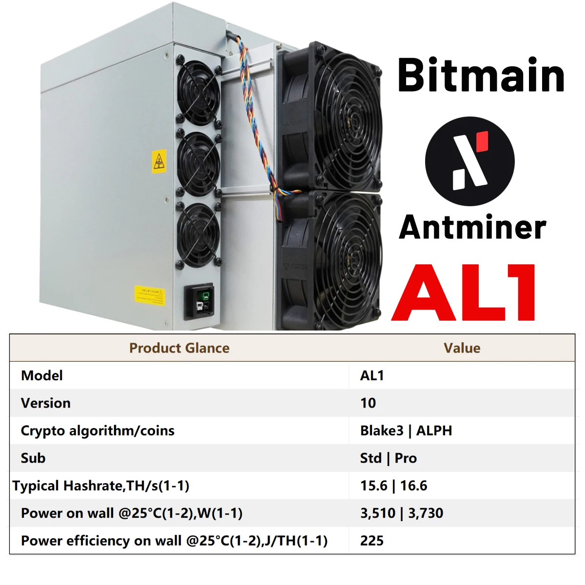 Brand New Antminer ALPH AL1 Air-cooling Miner 15.6T High Hashrate 3510W Power Blake3 Crypto Alephium Mining Asic Miner Server