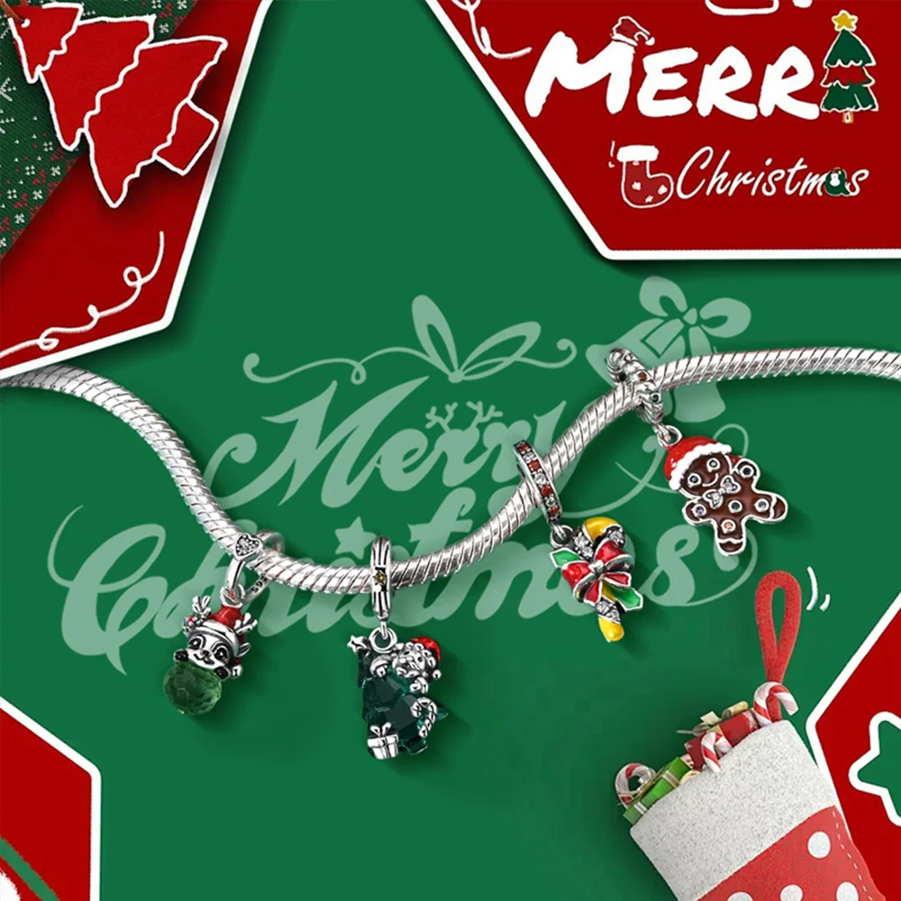 

925 Sterling Silver Charms Gingerbread Man Elk Christmas Tree Candy Beads Pendant Fit Women Original Bracelet DIY Christmas Gift