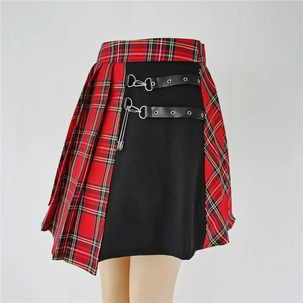 ゴシックスタイル不規則なスカート女性チェック柄非対称ハイウエストプリーツミニ女性パンクゴス夏服 1005008048504008