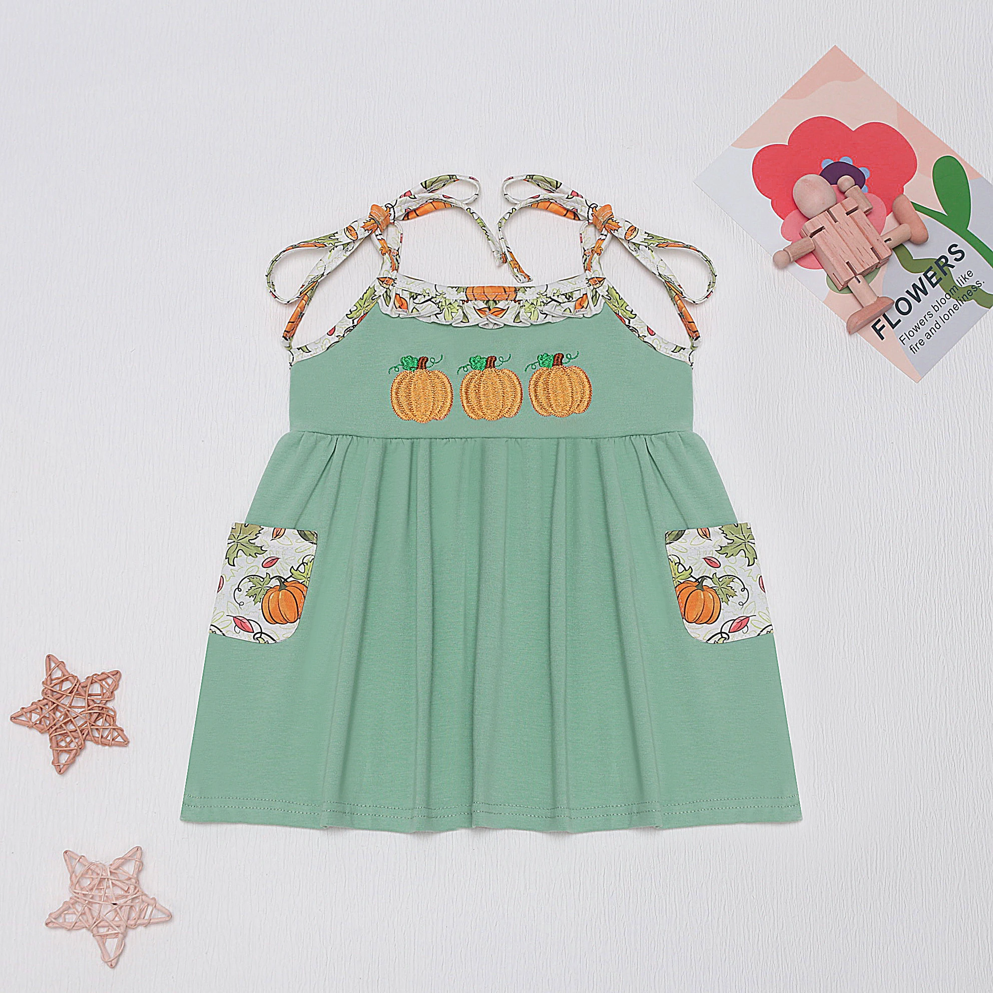 Boutique Sleeveless Set Round Neck Cute Pumpkin Embroidery Boy Green Top Clothes And Printing Pants With Girls Sister Romper