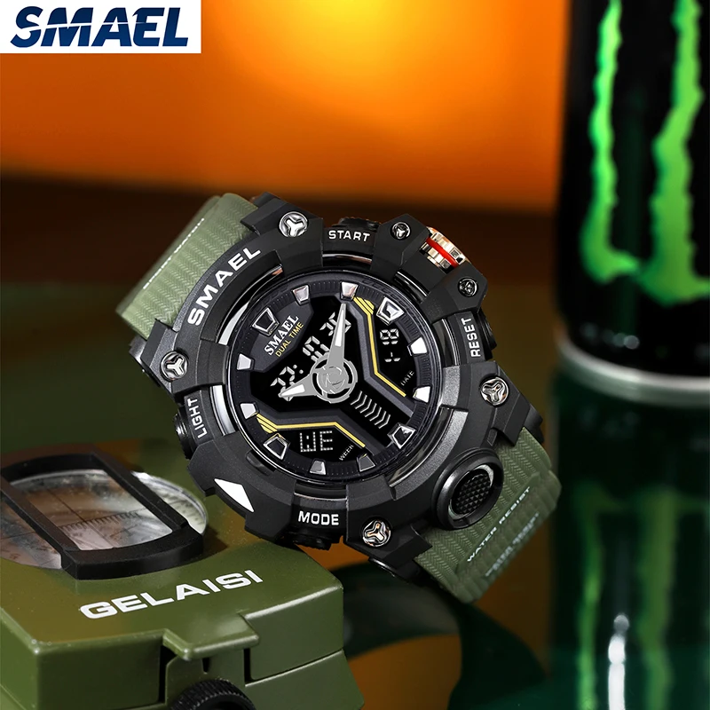 New SMAEL Sport Watch for Man Dual Time Watch for Men Shock Resistant Led Light Watch Military 8075 Quality Mens Sports Watches