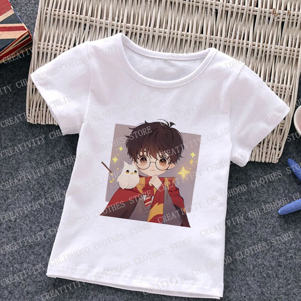 Camiseta de Harry Potter para niños y niñas, ropa de película mágica, dibujos animados Kawaii, camisetas informales de manga corta, 2024