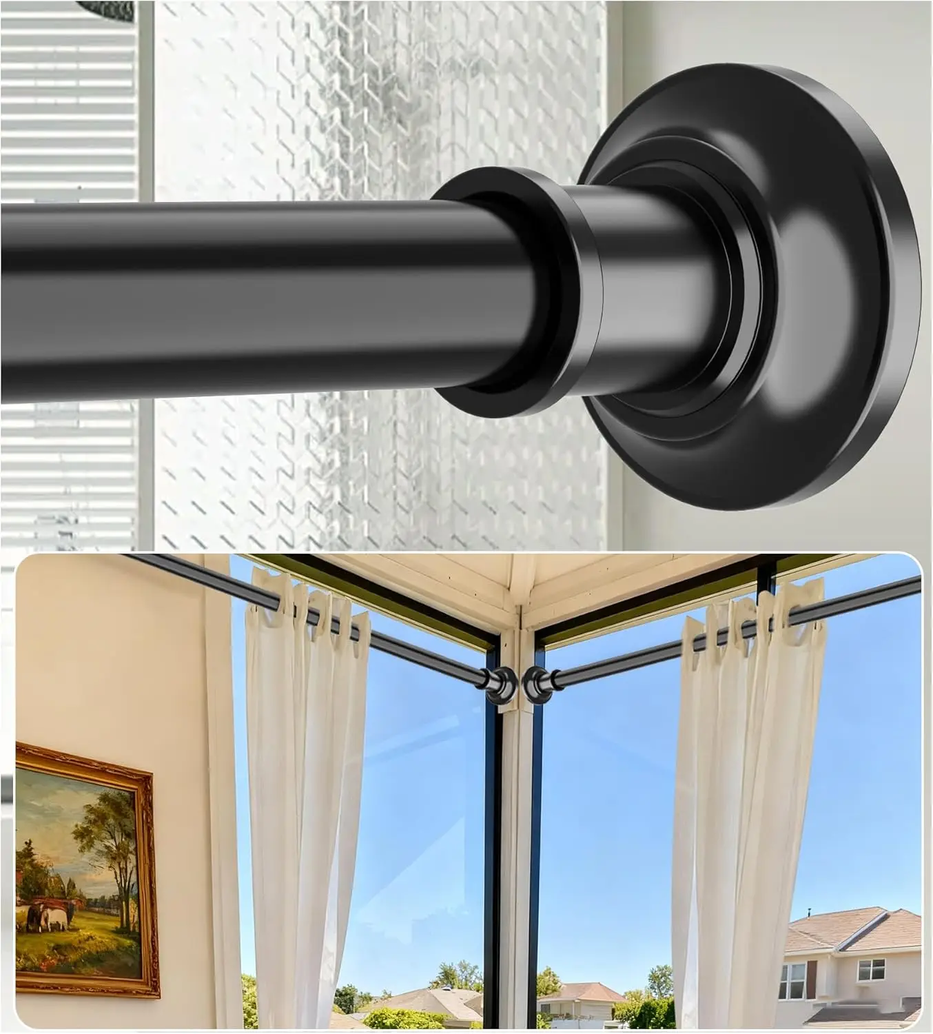 

Adjustable Tension Curtain Rod, 43-131 Inch Extra Long, Heavy Duty Black Stainless Steel for Bathroom No Drilling
