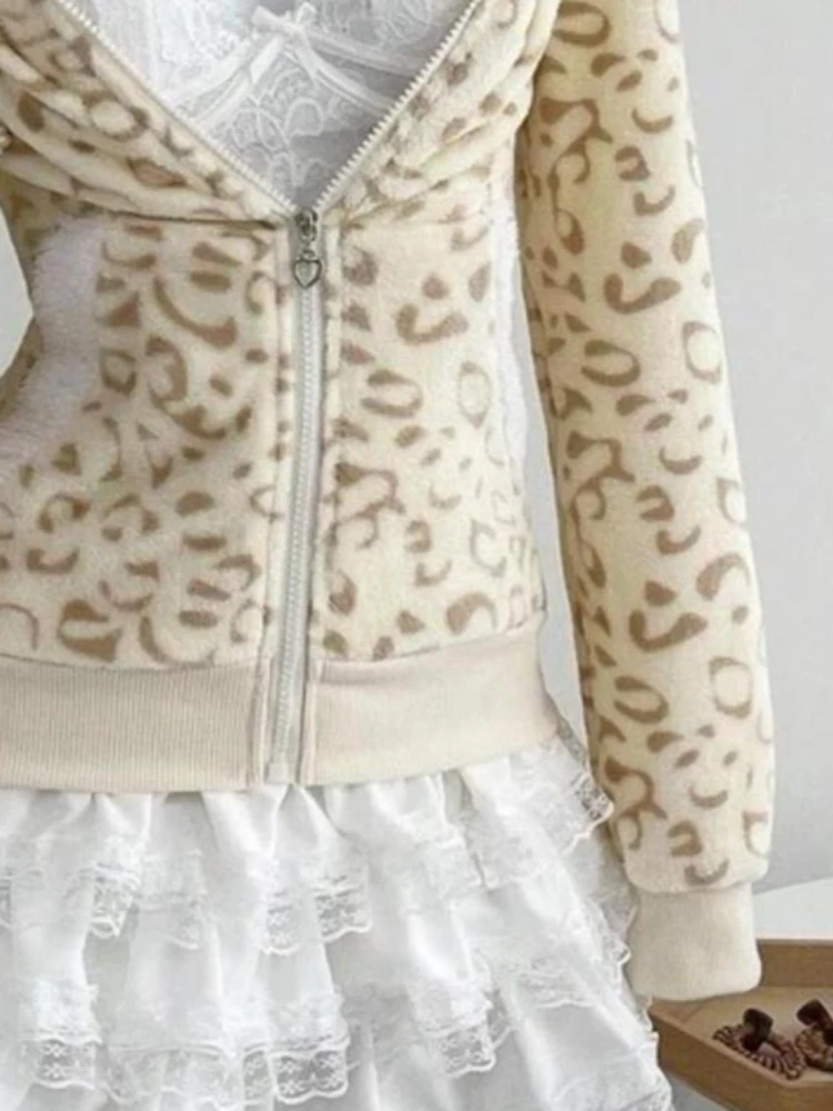 Vintage doce leopardo impressão jaqueta com capuz feminino novo design high street zip up casaco japonês kawaii bonito magro y2k roupas de outono