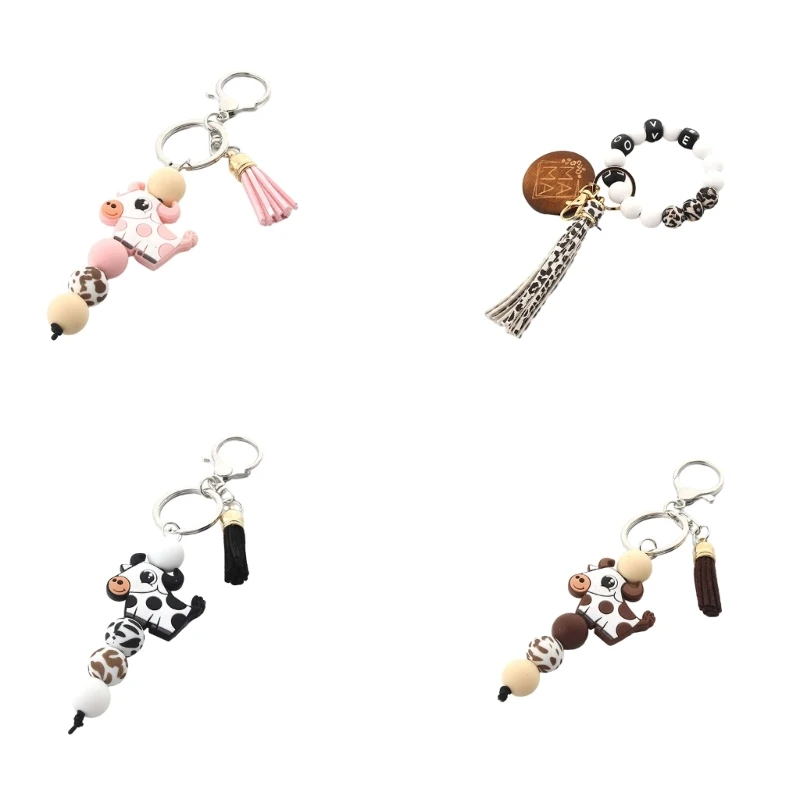 Cartoon Milk Cow Animal Keychain with Tassels Silicone Beads Key Chain Keyring