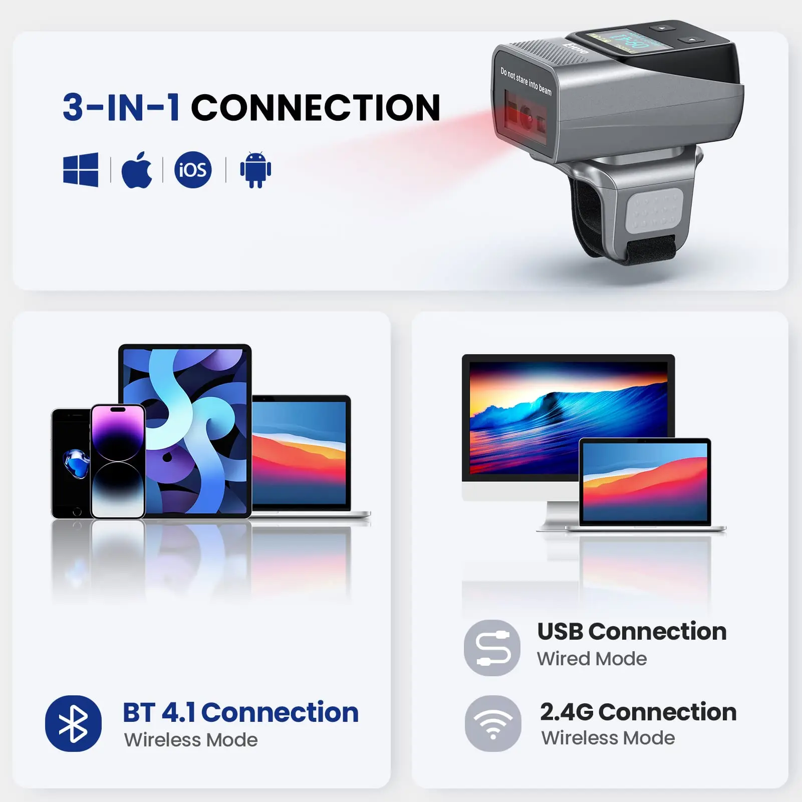 Eyoyo EY-038 Ring Barcode Scanner with Screen.1D Laser/2D Mini Wearable Bluetooth Finger QR Code Reader.Support Screen Scanning