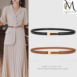 New Luxury Gold Buckle Genuine Leather Belt Women Fashion Cowskin Thin Metal Black White Belts Female Jeans Dress Waistband