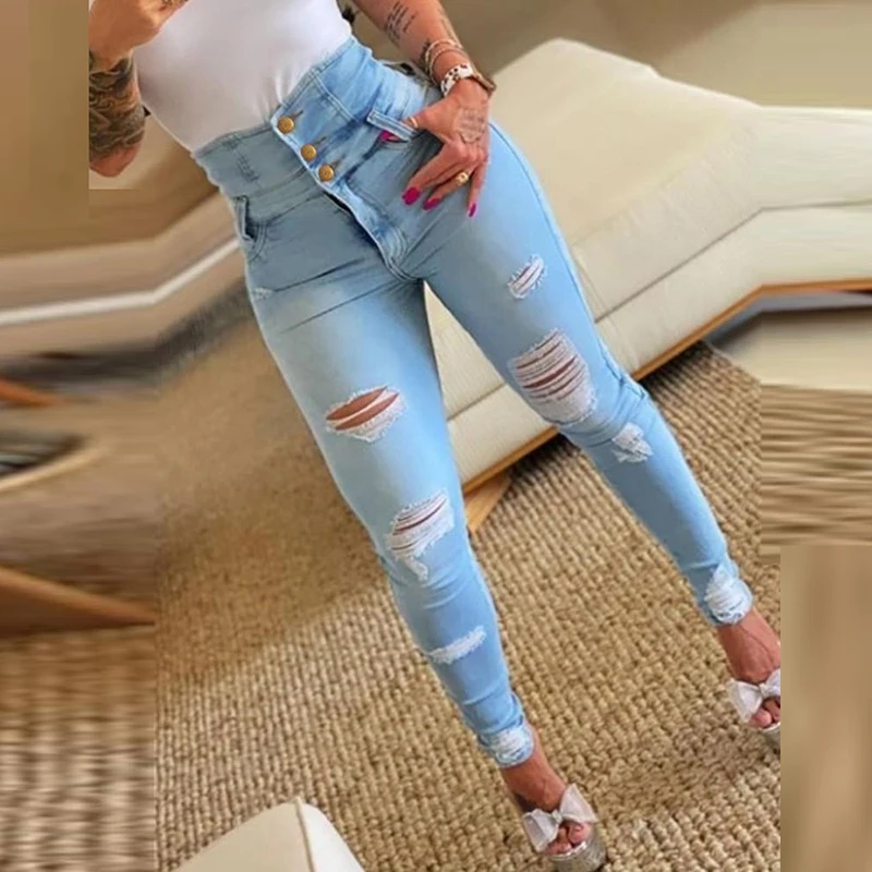 

Ladies High Waist Mid Button Skinny Jeans 2024 Elegant Holes Design Bag Hips Denim Pants Women Chic Long Temperament Trouser