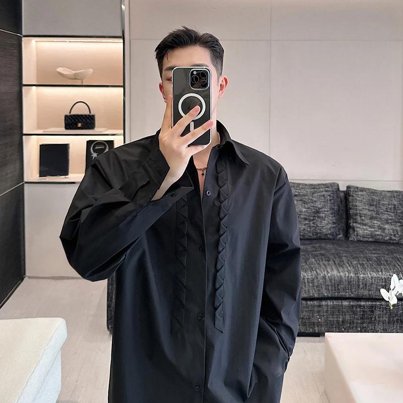 

Spring Advanced Sensation Restrain Design Men's Long Sleeve Shirt Luxury Lace Small Perfume Style Loose Fit Youth Trend