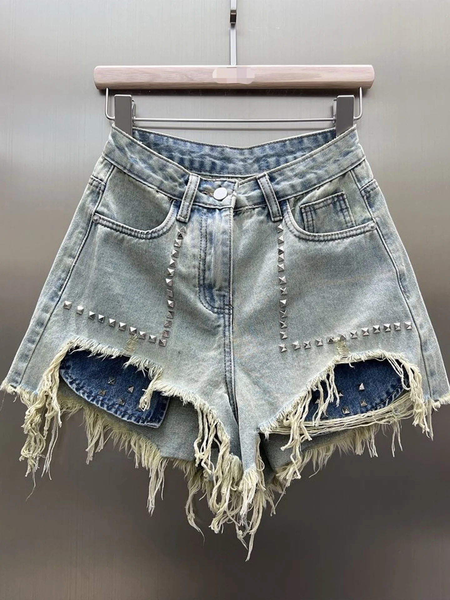 

High Waist Distressed Denim Short Pants Women's Summer Wide Leg Hot Shorts Trendy Rivet Design Pocket Exposure Casual Style