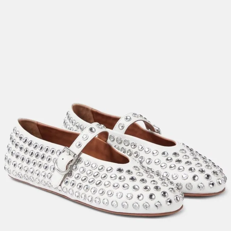 Sapatos únicos femininos com rebites de strass tamanho grande sapatos femininos cheio de diamante fivela de cinto dedo do pé redondo sapatos planos mulher