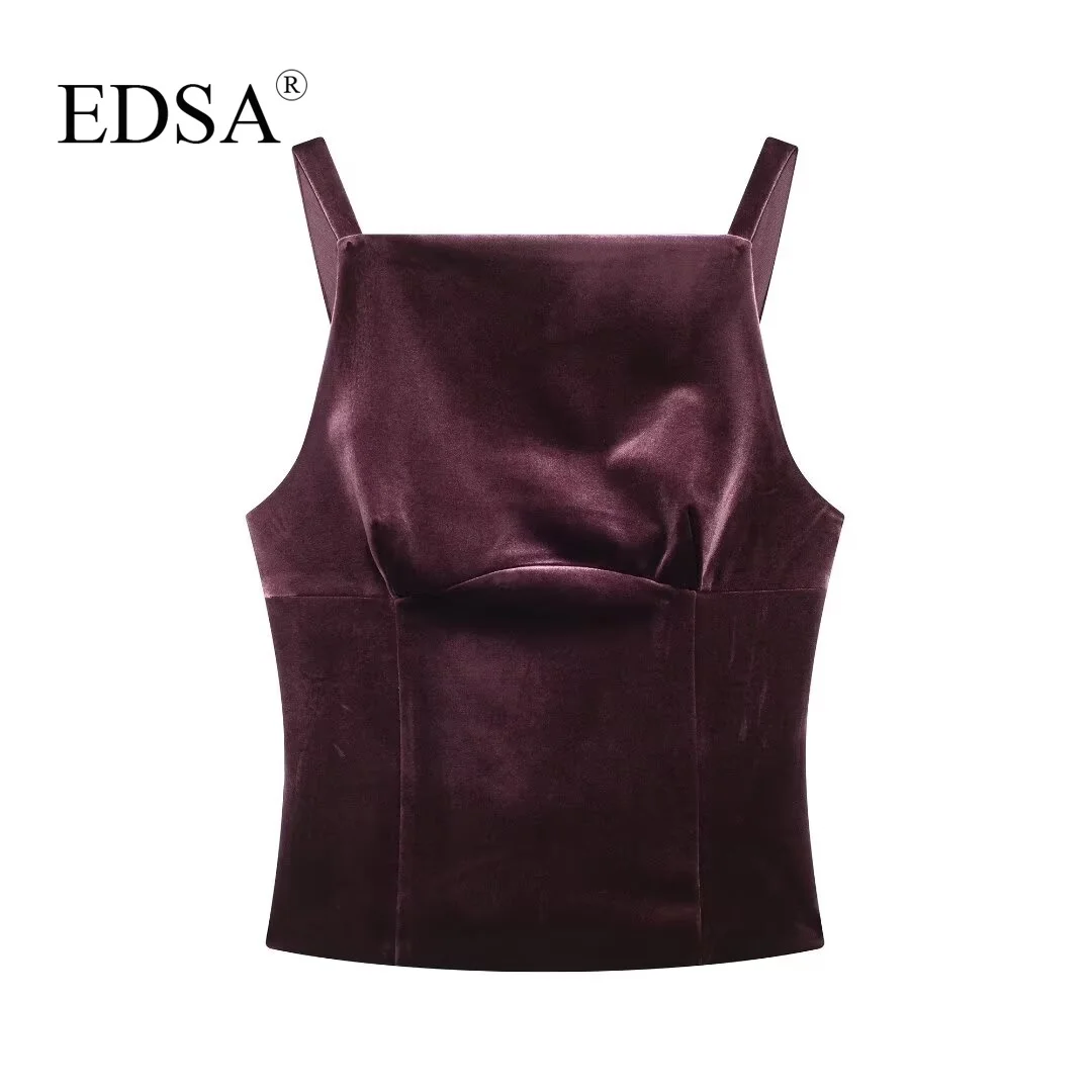 EDSA Women Maroon Tank Top with Back Bow Straight Neckline Thin Straps Invisible side zip Blouse Camis