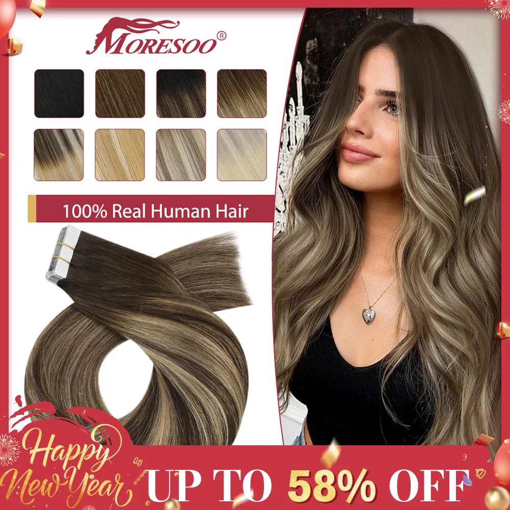 Moresoo 25G Tape in Human Hair Extensions 10 Pieces Natural Straight Remy Hair 14-24inches Blonde Hair Tape in Hair Extensions