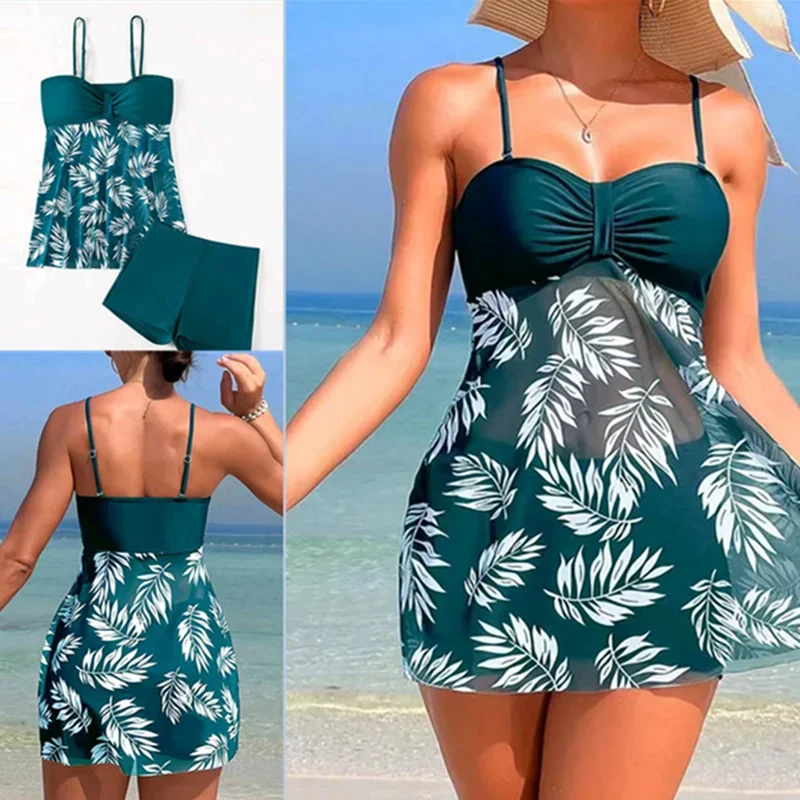 Conjunto de Bikini con estampado de hojas para mujer, tankini Sexy de dos piezas, traje de baño corto con tirantes, ropa de playa, 2024