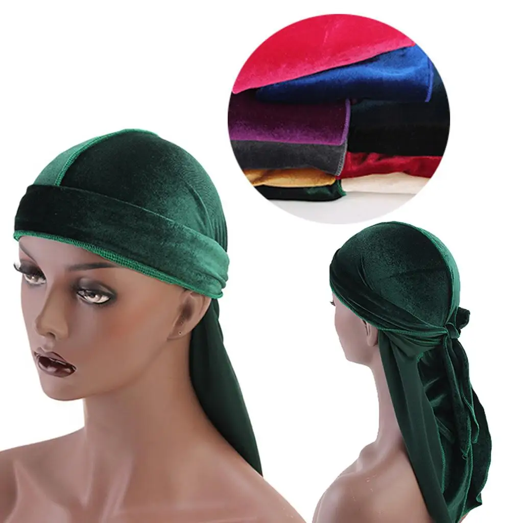 Velvet Bandana Durag Cap Long Tail Silk Soft Pirate Turban Headwrap for Men Women Hair Loss Cover Casual Scarf Hat
