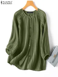 ZANZEA Women Button Baggy Tunic Oversize Pleating Blouse Casual 3/4 Sleeve OL Shirt 2023 Autumn Fashion Holiday Solid Color Tops