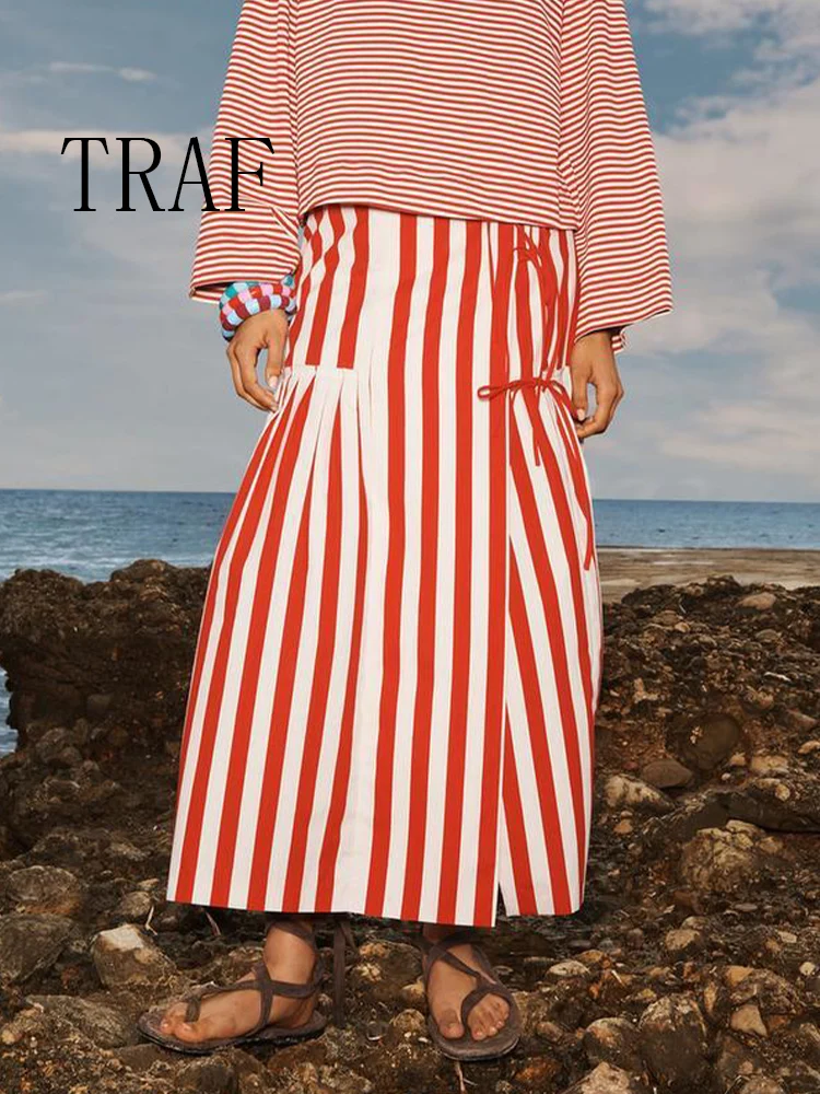 

TRAF европейский и американский стиль, летняя новая модная тенденция, женская одежда, хлопковая юбка миди в полоску со средней талией и бантом