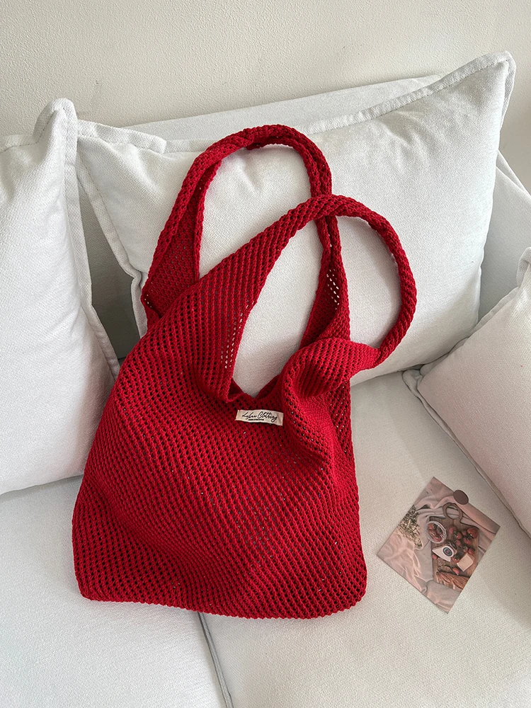 

Red Knitted Me Hollow Woven Bag Women Summer Casual Lazy Sle Single oulder Bag Large Capaci Net ket Handbag