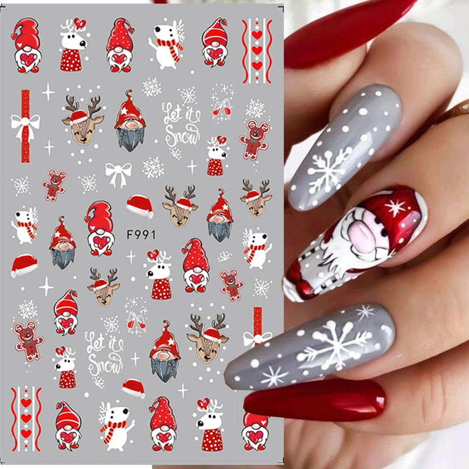 3 hojas de pegatinas navideñas festivas para decoración de uñas, copos de nieve rojos de Papá Noel, calcomanía adhesiva, Reno, muñeco de nieve, manicura, deslizador de vacaciones