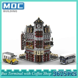 City Street View Model Bus Terminal with Coffee Shop Modular Building Block DIY Kids Toys Bricks Decoration Birthday Gifts