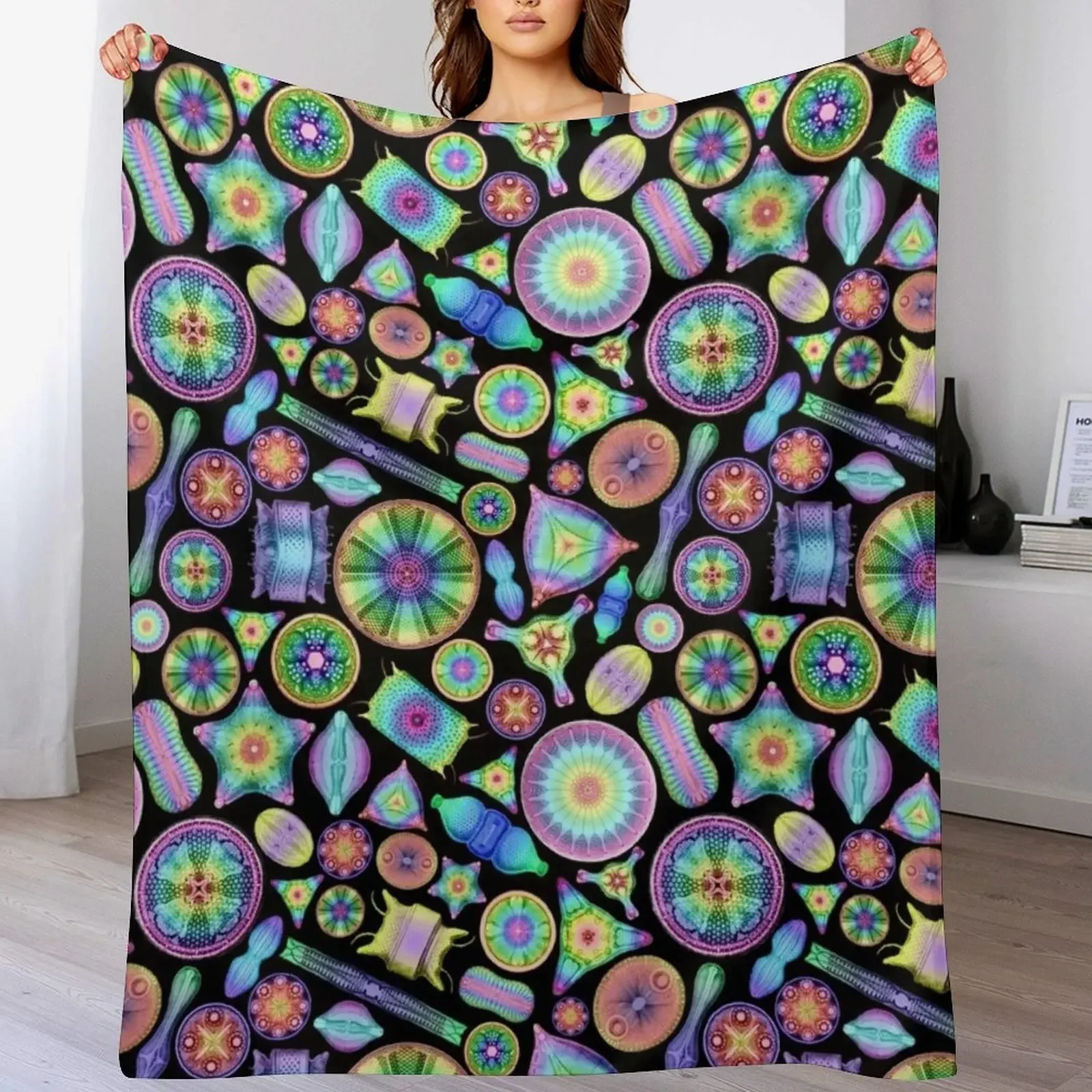 

Ernst Haeckel Rainbow Diatoms on Black Throw Blanket Beautifuls Flannel Kid'S Furry Blankets