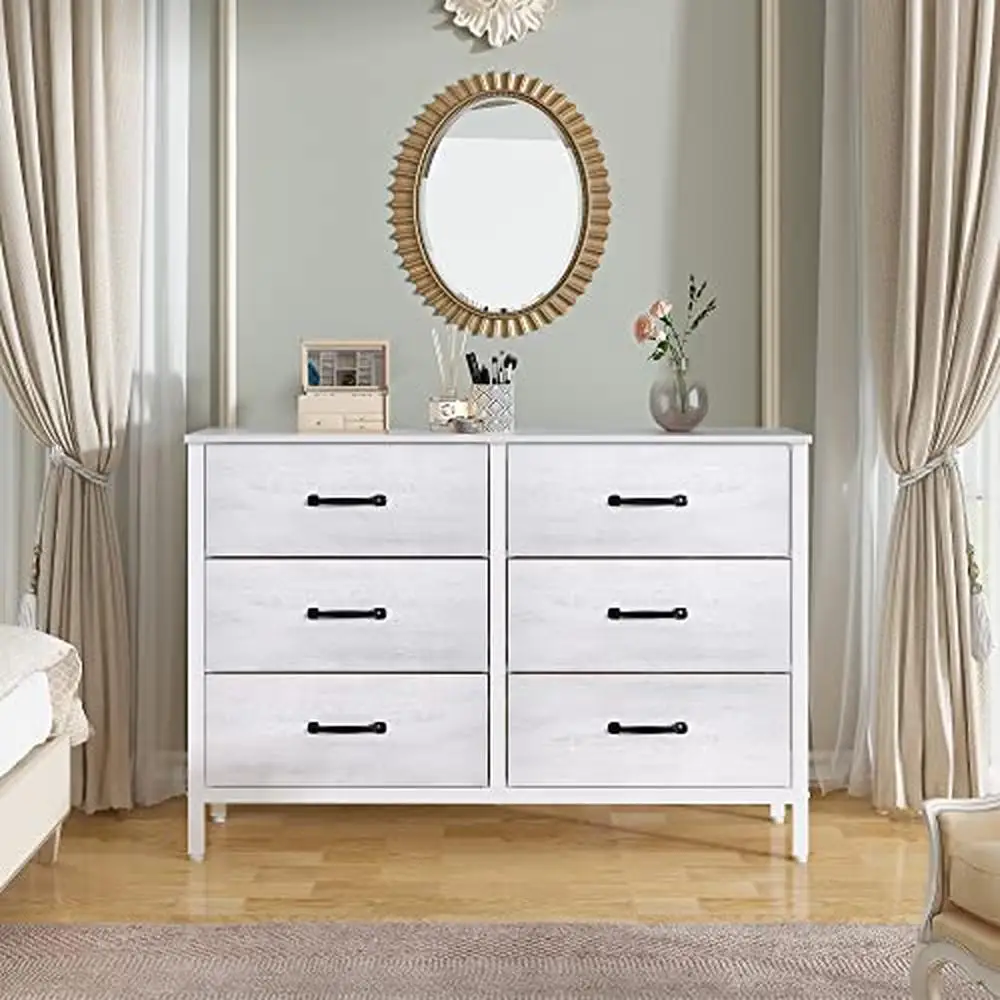 Commode avec cadre en métal blanc, meuble TV pour chambre à coucher, rangement en tissu, 6 portes à proximité