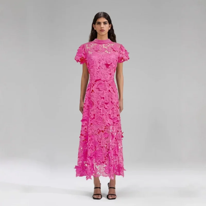 

Soluble Lace Dress Female Summer 2025 Three-Dimensional Flower Short Sleeve Waist-Controlled Slimming Temperament Rose Red