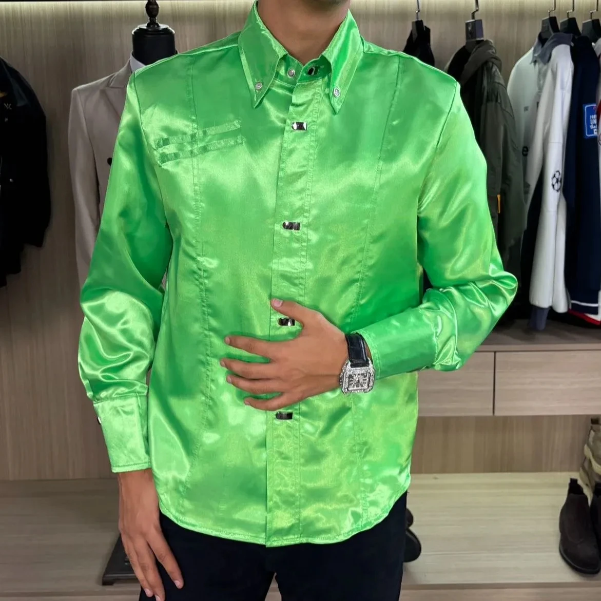 

Vintage Design Colorful Button Long Sleeve Shirts Silky Touch Man's Live Show Dance Singers Costumes DJ Club Guitar