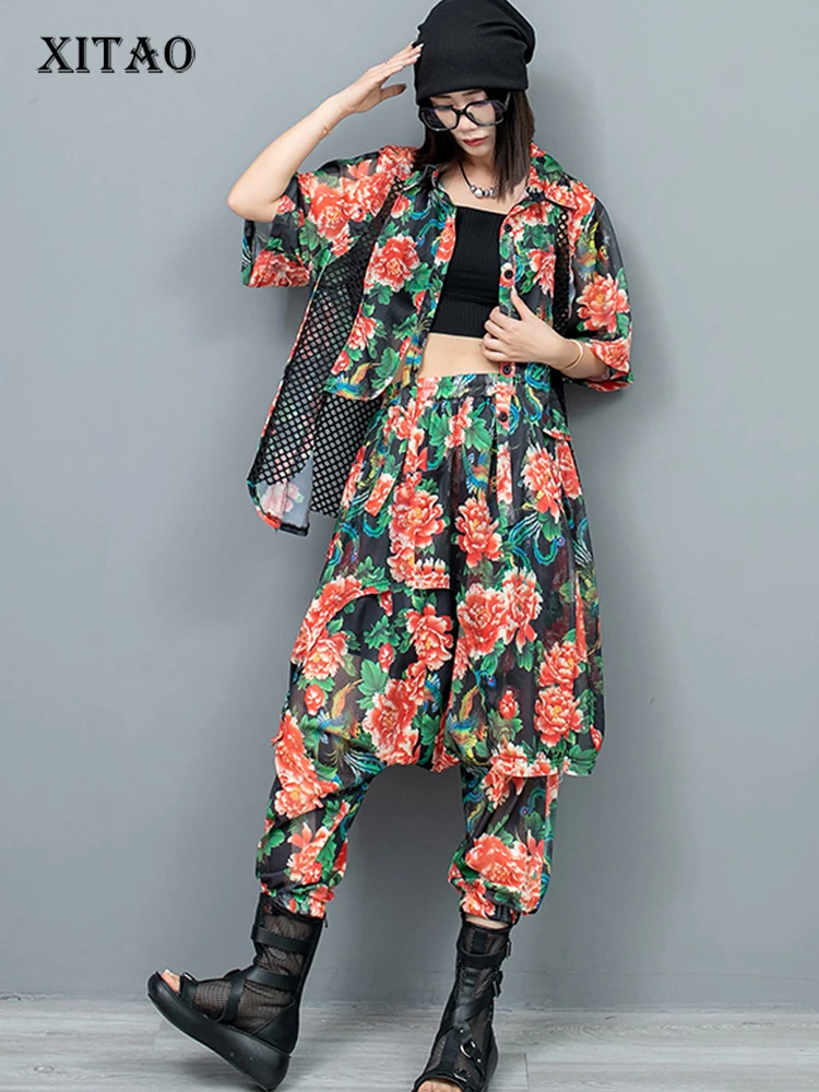 

XITAO Hooded Out Women Pant Sets Personality Patchwork Big Flower Print Irregular Top Pants Two Pieces Sets Street Trendy ZY8691