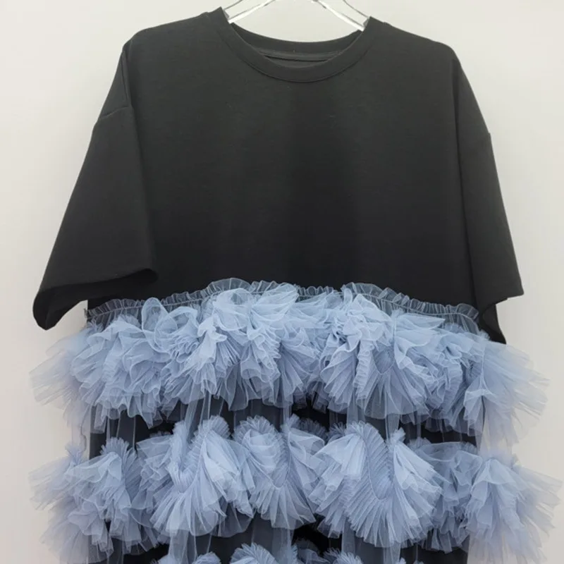 HKSH Summer New Women Chic Dress Mesh Spliced Contrast Color 0-neck Short Sleeve T-shirt Sweet High Street Casual Dresses HK9420