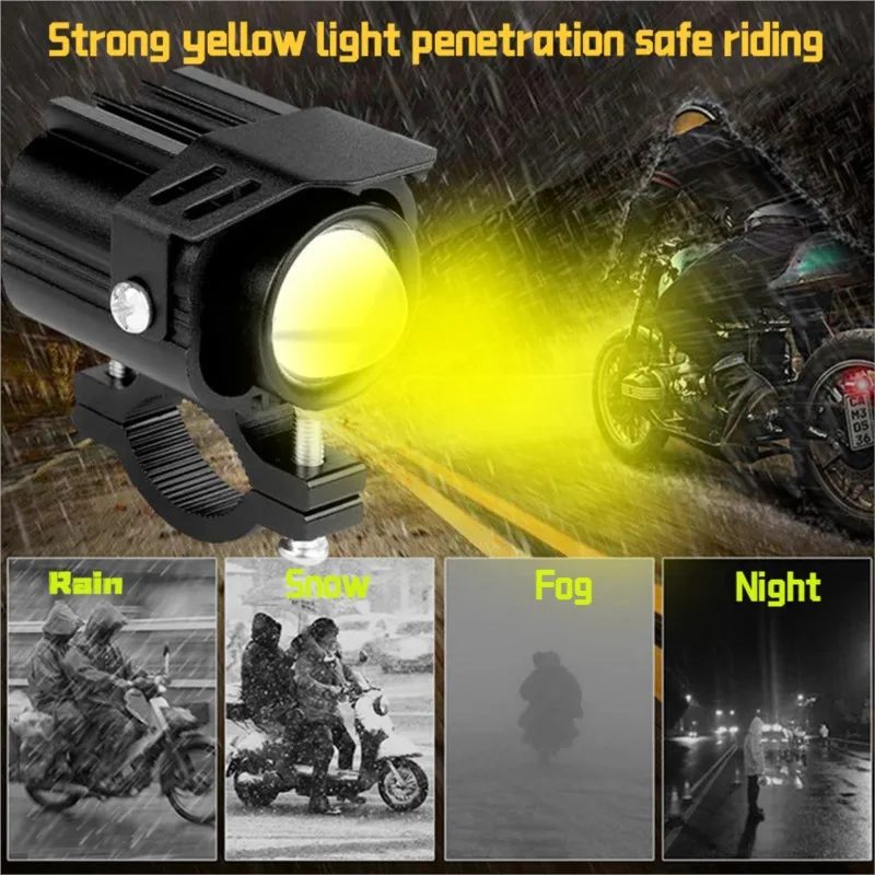 Additional Fog Lights Motorcycle Auxiliary LED Headlights Long Range Lamp 12-80V Dual Color High/Low/Flash Beam Moto Spotlights