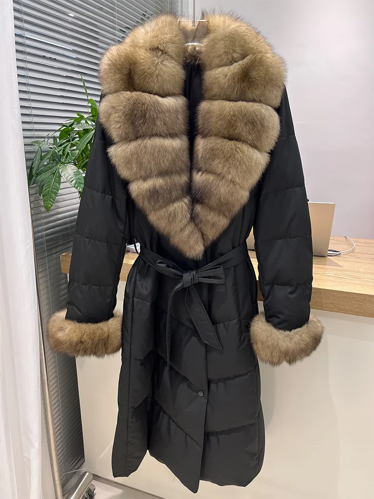 Veste chaude en duvet d'oie pour femme, col en vraie fourrure de renard, longue et épaisse, décontractée, nouvelle collection hiver