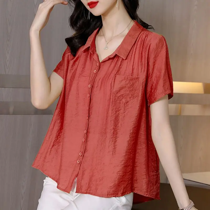 Women Summer Simplicity Loose Elegant Solid Color Cotton and Linen Polo-Neck Short Sleeve Shirts Ladies Casual Appear Thin Tops