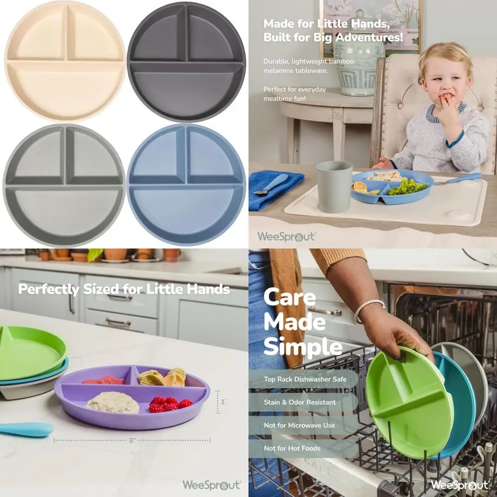 

divided bamboo & melamine plates for kids - set of 4 toddler dinnerware, food grade, kid safe with divided design for picky eat