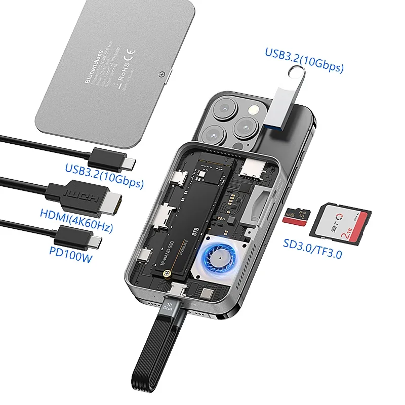 8 في 1 USB C Hub 100W PD محطة إرساء محول متعددة الوظائف مع NVME M.2 SSD الضميمة USB 3.2 لنقل البيانات