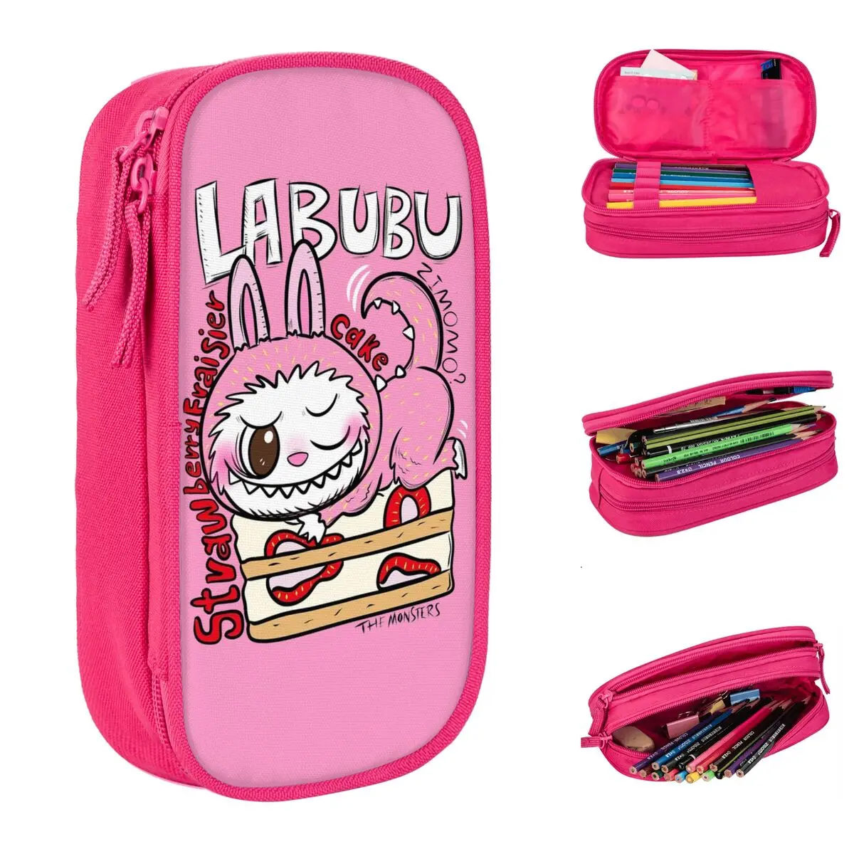 Large Capacity Pen Box POP MART Labubu Strawberry Cake Cute Cartoon Popmart Double Layer Pencil Box Women Makeup Bag Gifts