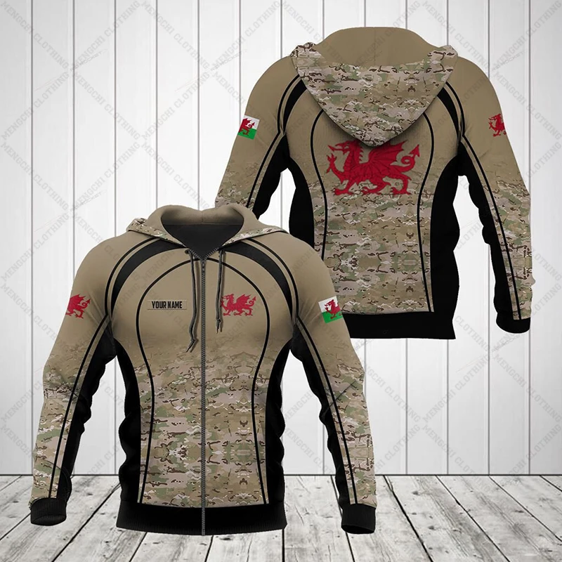 Customize Wales Symbol Camo 3D Printed Zipper Hoodies Unisex Oversize Sweatshirts Winter Casual Streetwear Tops Pullover