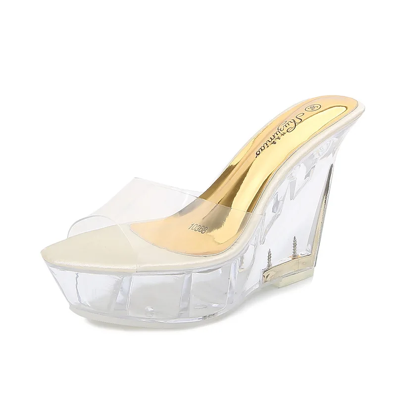 Sexy Women Summer Transparent Platform Crystal Slippers High Heels 10CM Women\'s Wedge Heel Sandals Peep-toe Ladies Shoes